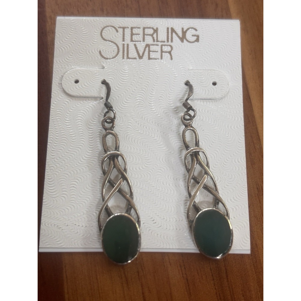 Vintage Sterling Silver 925 Celtic Weave Knot Green Stone Dangle Earrings Irish